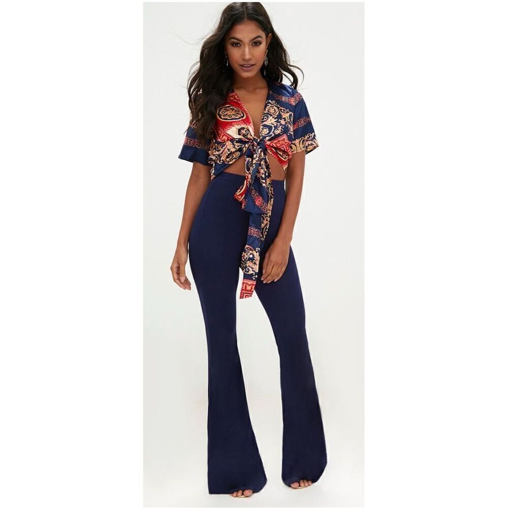 PrettyLittleThing Women's Scarf Print Crop Top 4 Multicolor Front Tie Y2K